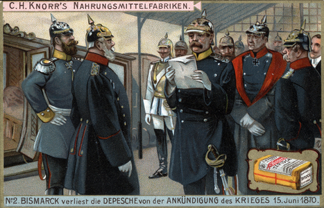 War of 1870. Prussian General Otto von Bismarck read the declaration of war on June 15, 1870, late 19th century (chromo)
