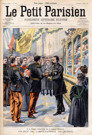 Gift of a showcase by the Russian Impress Alexandra Feodorovna (1872-1918) to the education house of the Legion d'Honneur des Loges in Saint Germain en Laye (Saint-Germain-en-Laye). Engraving in “” Le petit Parisien”” 1901.