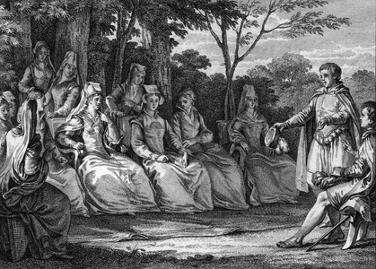 Court of Love in the Middle Ages in the presence of the troubadours - Engraving by Jean Michel Moreau, dit Moreau le Jeune (1741- 1814), 18th century