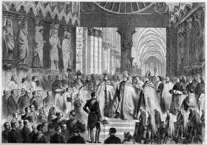 Visit of Napoleon III (1808-1873) and the Impress Eugenie (1826-1920) to Reims, 1858: handed over the keys of the city to the Imperial couple by the Archeveque of Paris, Francois Nicolas Madeleine Morlot (1795-1862), in the cathedrale of Reims (Marne, 51). Engraving in “” Le Monde Illustré”” n°80 of October 23, 1858.