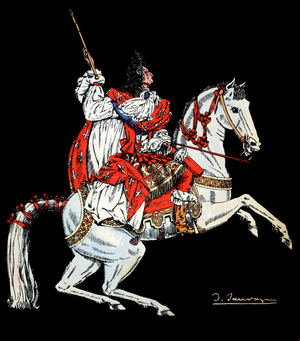 Equestrian portrait of Louis XIV (1638 -1715) king of France - Illustration for the book 'Louis XIV' by Frantz Funck-Brentano (1862-1947) of 1938 (engraving)