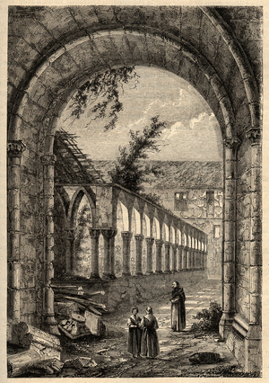 Old cloister of the covent Cordeliers or Saint-Francois de Quimper end of 19th century (engraving)