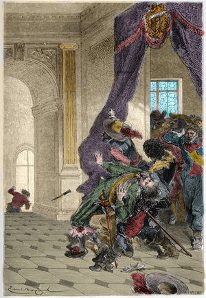 Assassination of the Duke of Buckingham - George Villiers, 1st Duke of Buckingham (1592-1628) assassinated in the Greyhound Pub in Portsmouth by an army officer, John Felton - engraving in “L'Histoire d'Angleterre, depuis les temps plus recules” by Francois Guizot, 1877