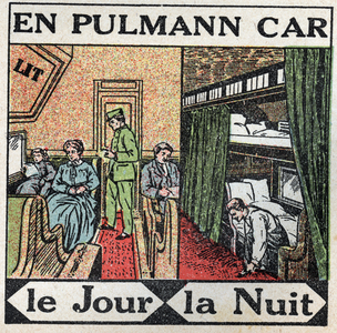 The railways: inside the Pullman car. Anonymous illustration from 1925. Private collection.