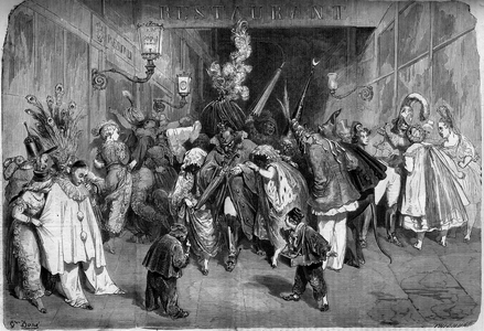 Bal de l'Opera, Paris, 1860: view of the passage of the Opera, at night, where costume people leave the dance mask. Engraving in “” Le Monde Illustré”” n°150 of 25 February 1860.