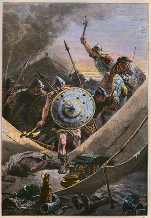 Moorish invasions in the Middle Ages: The Francs led by Charles Martel attack the Saracens' military camp during the Battle of Tours (Battle of Poitiers), stopping the Muslim invasion in the year 732 - Franks under Charles Martel Attack the Saracens' Camp During the Battle of Tours, c.732 - engraving from “” The story of France told to my little ones- Children”” - by Francois Guizot - 1872-1876