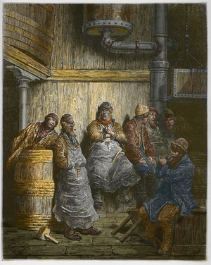 Barclay Perkins Brewery Workers taking a break - from 'London, a Pilgrimage', written by William Blanchard Jerrold - illustrations by Gustave Dore - 1872 -