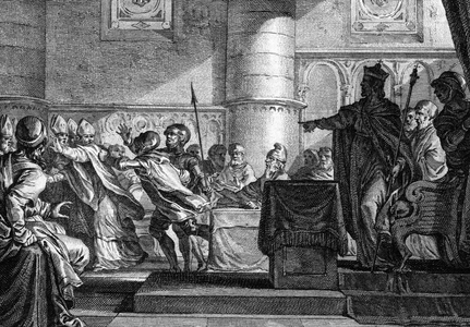 Clergy between clergy and nobility gathered in Parliament in Epernay by Charles the Bald. Engraving by J. P. Le Bas after Moreau le jeune.18th century.