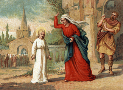 Sainte Genevieve (422-502), patron saint of Paris abused by her mother. Chromolithography around 1890.