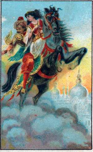 The leak. Tale “” Histoire du cheval enchante””” in “” Les mille et une nuits””” (les 1001 nuits ou Le mille e una notte, Arabian Nights). Chromolithography of the late 19th century.