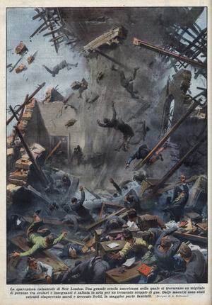 The tragedy of a school explosion in New London, Texas, caused by a gas leak on March 18. “La domenica del Corriere" of 04/04/1937.