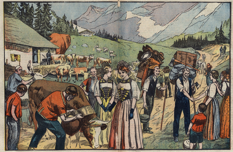 The departure for the pasture in the Simmental Valley - shepherds preparing to leave with their herds.  In "Le Pelerin" April 10, 1932 (print)