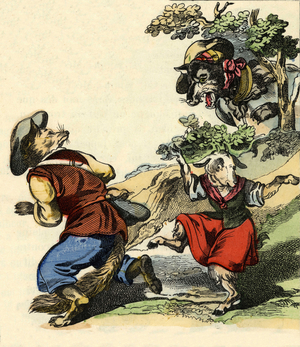 Illustration of the tale “Bon medor and Little Chevrette””. In “” Tales from the home for the little ones””. Anonymous engraving of the 19th century.