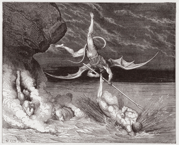 The Divine Comedy (La Divina Commedia, La Divine Comedie), Inferno, Canto 22: Ciampolo escapes the demon Alichino in the fifth bolgia - by Dante Alighieri (1265-1321) - Illustration by Gustave Dore (1832-1883), 1885
