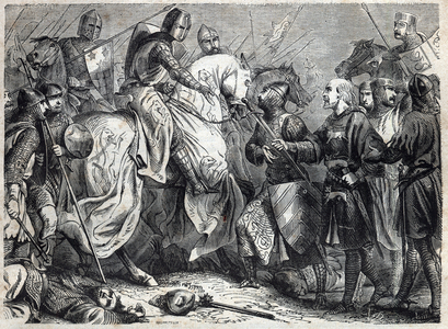 King Alfonso V the Magnanimous (v. 1396-1458), king of Aragon, conquees the kingdom of Naples. Engraving in “” History of the Popes (...) Crimes of the Queen King and Emperors through the centuries” by Maurice Lachatre, 1863.