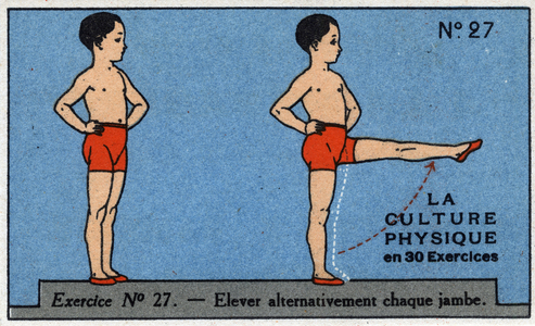 Physical culture in 30 exercises. N°27: alternately raise the legs. Physical education and sports activities for children, 1910 (chromo)