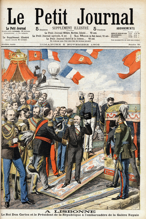 King Don Carlos and President Emile Loubet at the pier of the Royal Gallery of Lisbon, 1905 (print)