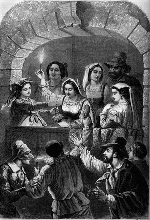 Carnival of Rome (Italy), 1860: feast of Moccoli. Holding his moccolo (small candle) lights, everyone must try to turn off his neighbor's one while preserving his own. Engraving in “” Le Monde Illustré”” n°151 of 3 March 1860.