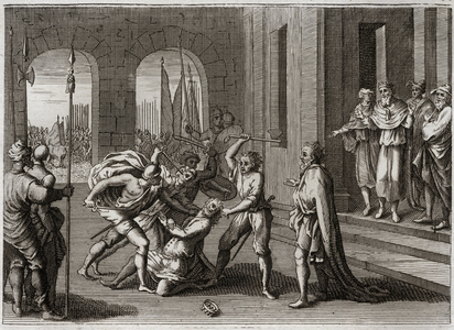 Bible of Royaumont, Old Testament: Agag saves. Saul saved, against God's command, Agag King of the Amalekites. God makes him witness to his anger by Samuel, who repaired Saul's fault by killing Agag. Illustration from 1811.
