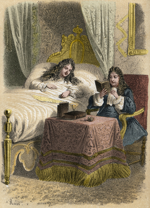 Louis XIV King of France liked to hear Jean Racine read and brought him in when he was sick, 1865 (engraving)