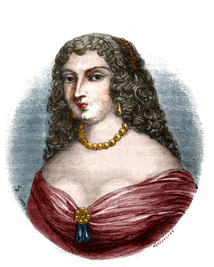 Portrait of Mademoiselle de la Fayette (Louise de La Fayette 1618-1665) mistress in title but without functions of King Louis XIII seen the impotence of the sire”” Engraving in “Histoire des papes-kings-queens-et-empereurs a travers les centuries””” by Maurice Lachatre, 1863.