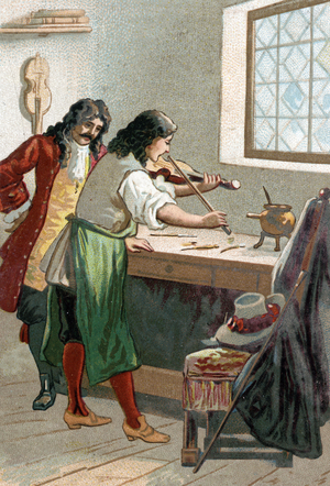 Luthier Stradivarius (Antonio Stradivari) (1644-1737) in his workshop. Chromolithography of the 19th century