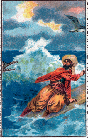 Rescue on a board. The wonderful adventures of Sinbad (Sindbad) the sailor. Popular tale of 1001 nights (one thousand and one nights). Chromolithography of the late 19th century.