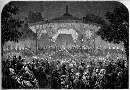 Festival de chant en Alsace, 1858: view of the kiosk in Colmar (Haut Rhin, 68) during a concert. Engraving in “” Le Monde Illustré”” n°73 of 4 September 1858.