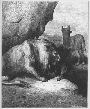the lion the wolf and the fox - from 'Fables' by Jean de La Fontaine , 19th century (engraving)