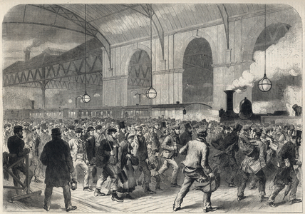 Arrival of the workmen's "penny train" at Victoria Station in London.
