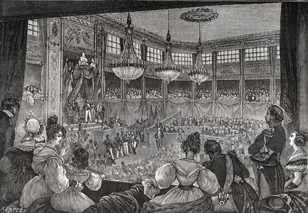 Louis-Philippe I is sworn in as king before the Chamber of Deputies, 9th August 1830 - Revolution of 1830: “” King Louis Philippe I (1773-1850) sworn to maintain the Charter of 1830 in the presence of the chambers reunited in the provisional hall of the Palais Bourbon on August 9, 1830