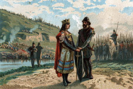 Rainfroy (Rainfroi) mayor of Neustria's palace alliance with the Frisons and Saxons to fight Austrasia. Chromolithography around 1890.