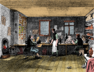 Wedgwood at work, Ceramics pioneer Josiah Wedgwood in his workshop. From the book “The Wedgwood Museum”, Etruria, London, published by F. Rathbone, 1901