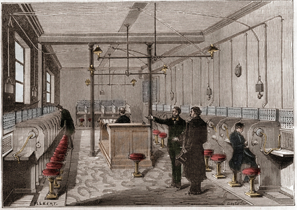 Telephone exchange built according to the Edison Gower-Bell system of telecommunication - first central telephone in Paris in 1879 - system by the American Frederick Gower - engraving in “” La nature”” de 1880