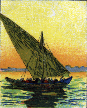 Saudi Arabia: Sambuk boat used by locals to bring Muslim pelerins to Mecca in front of Jeddah. Chromolithography of 1936