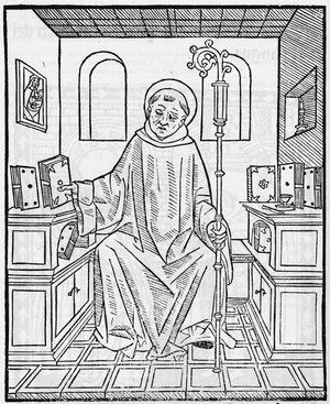 St. Bernard of Clairvaux (San Bernardo di Chiaravalle).Theologian of the Church, founder of the Order of the Cistersians (1090-1153). Lombard wood engraving of the 15th century.