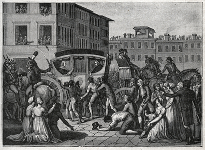 The arrival of Pope Pius VI (Giovanni Angelo Braschi dit Pius VI, PIO 1717-1799) in Grenoble in 1799. Engraving from 1800.