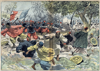 The Sudanese troops of Samory Toure were placed behind the banks of the Cavalby River by a French colony under Lieutenant Walfel. Sudan, 9 September 1898 (engraving)