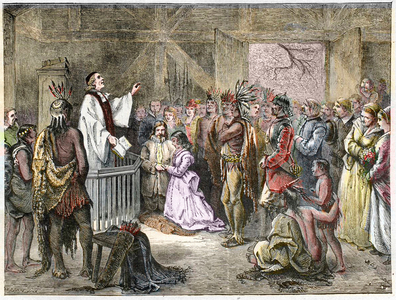 The marriage of Pocahontas and John Rolfe in Jamestown in 1614, 19th century (engraving)
