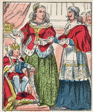 Portrait of Louis XIV child (1638 - 1715) with Anne of Austria and Cardinal Jules Mazarin (Giulio Raimondo Mazzarino or Mazarino) (1602-1661). Patriotic imagery of Pont-a-Mousson. Late 19th century. Private collection.