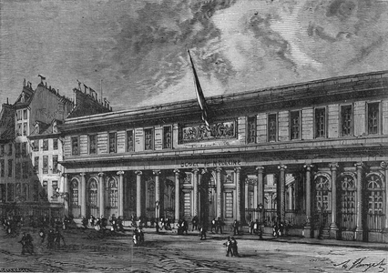 The school of medicine in Paris created in 1768 by architect Gouin. In” Album de la Science””, Éditions Jouvet, 1896.