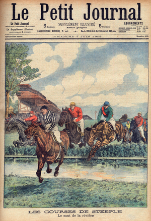 A steeplechase - The water jump - Horse riding, horse racing, steeple- in - Steeple racing. The river jump. Illustration for Le petit Journal, 7 June 1903.