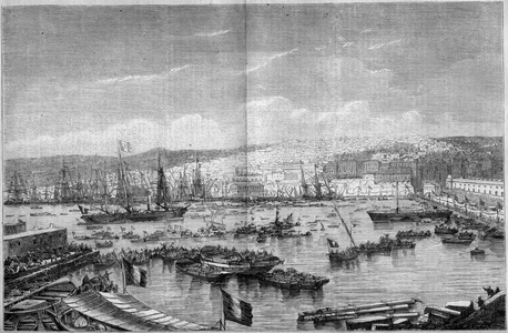 View of the city and port of Algiers (Algeria), during the Arrival of Napoleon III and the Impress Eugenie de Montijo, September 17, 1860. Engraving in “” Le Monde Illustré”” n°179 of 15 September 1860.