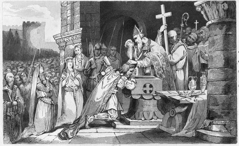 Clovis I Baptised with Men from his Army before the Battle of Tolbiac, 1825 (engraving)