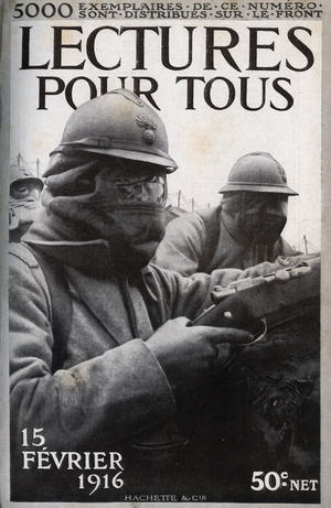 First World War: soldiers with a gas mask. One of the newspaper “Lectures pour tous" of February 15, 1916.