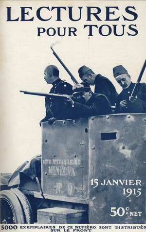 First World War: soldiers in a Minerva self-gun firing rifle shots. One of the newspaper “Lectures pour tous”” of January 15, 1915.
