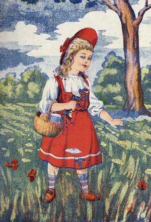 The Red Riding Hood has flowers. Illustration for “” The Little Red Riding Hood””, tale by Charles Perrault (1628-1703), French writer. Anonymous illustration. Imagery Marcel Vagne, Jarville Nancy, undated (late 19th century).