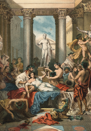 Emperor Nero (37 - 68) and his wife Poppee. engraving of 1881. in “” El Culto de la Hermosura”” by Juan Justo Huguet, Molinas Hermanos editores, 1880 (volume 1) & 1881 (volume 2).
