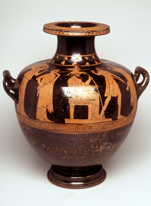 Painting on vase: Representation of Jupiter (Zeus) truncating in the center. Above her head appears Athena, every army (birth of Athena). Facing Zeus, is Hephaistos. 470 BC. BNF, Cabinet des Medailles.