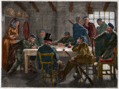 Sicilian mafia in the 19th century: Interrogation of a landowner abrogated by Sicilian mafiosi in 1873. Engraving from 1873.